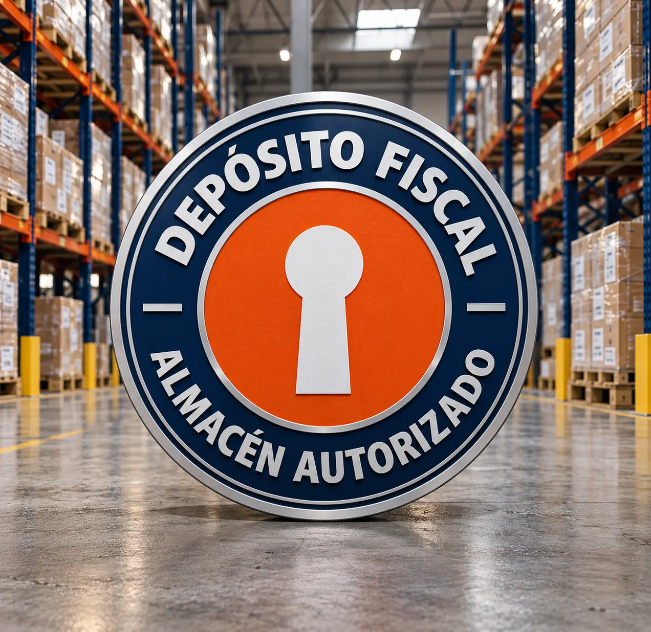 Almacén fiscal autorizado con racks de mercancía bajo control aduanero