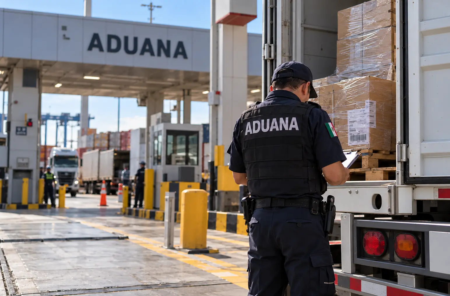 Agente aduanal inspeccionando la carga de un tráiler en la aduana