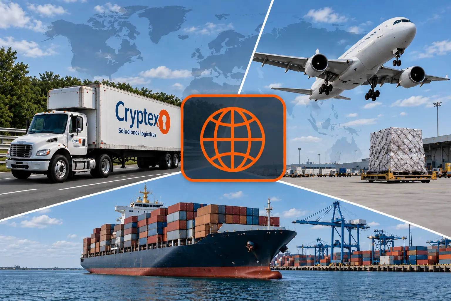 Transporte multimodal: camión Cryptex, avión de carga y buque portacontenedores