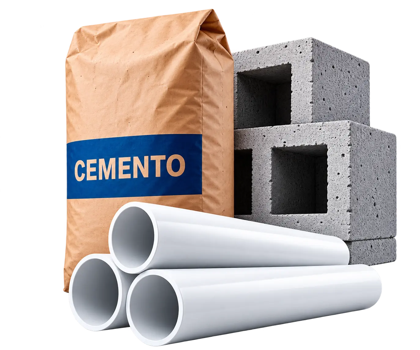 Bulto de cemento, blocks y tubería para construcción