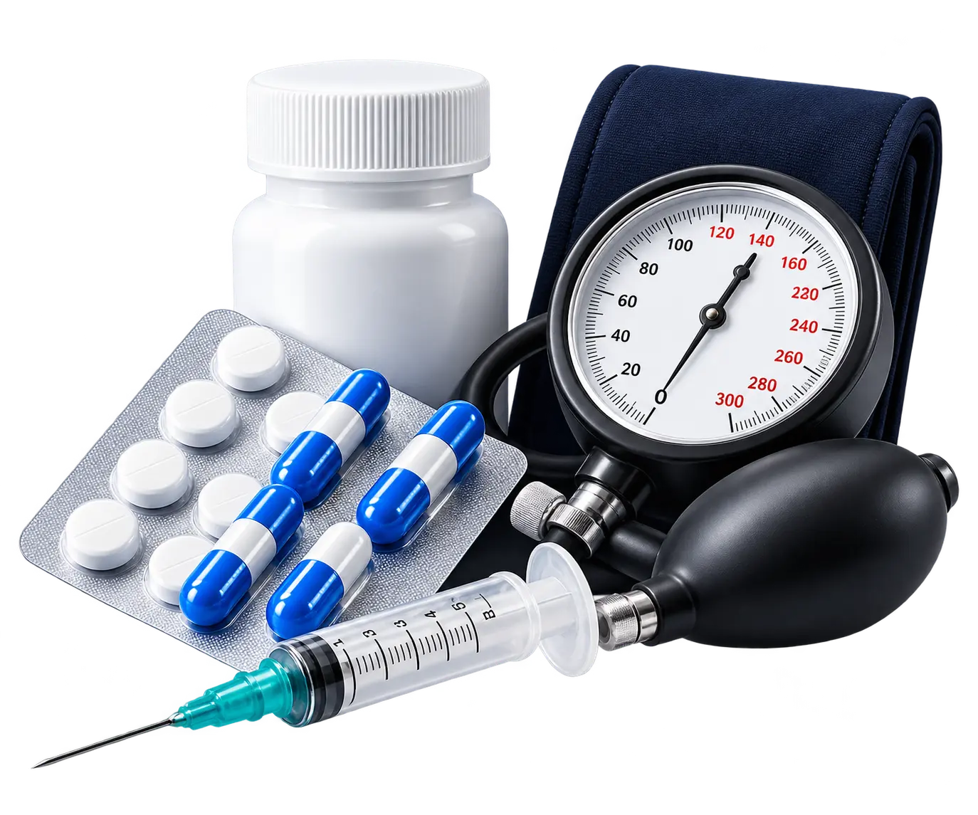 Medicamentos, jeringa y baumanómetro