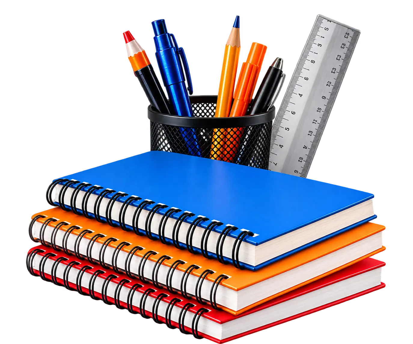 Cuadernos, lápices, plumas y regla