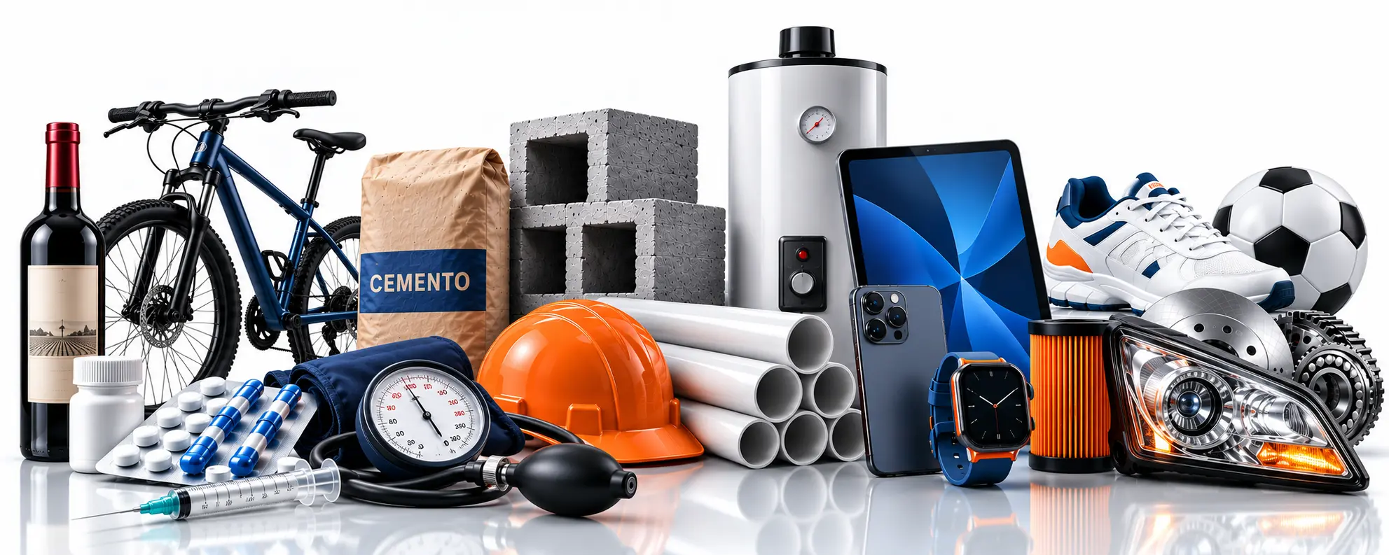 Productos de distintos sectores: construcción, farmacéutico, electrónicos, automotriz, deportes y vinos